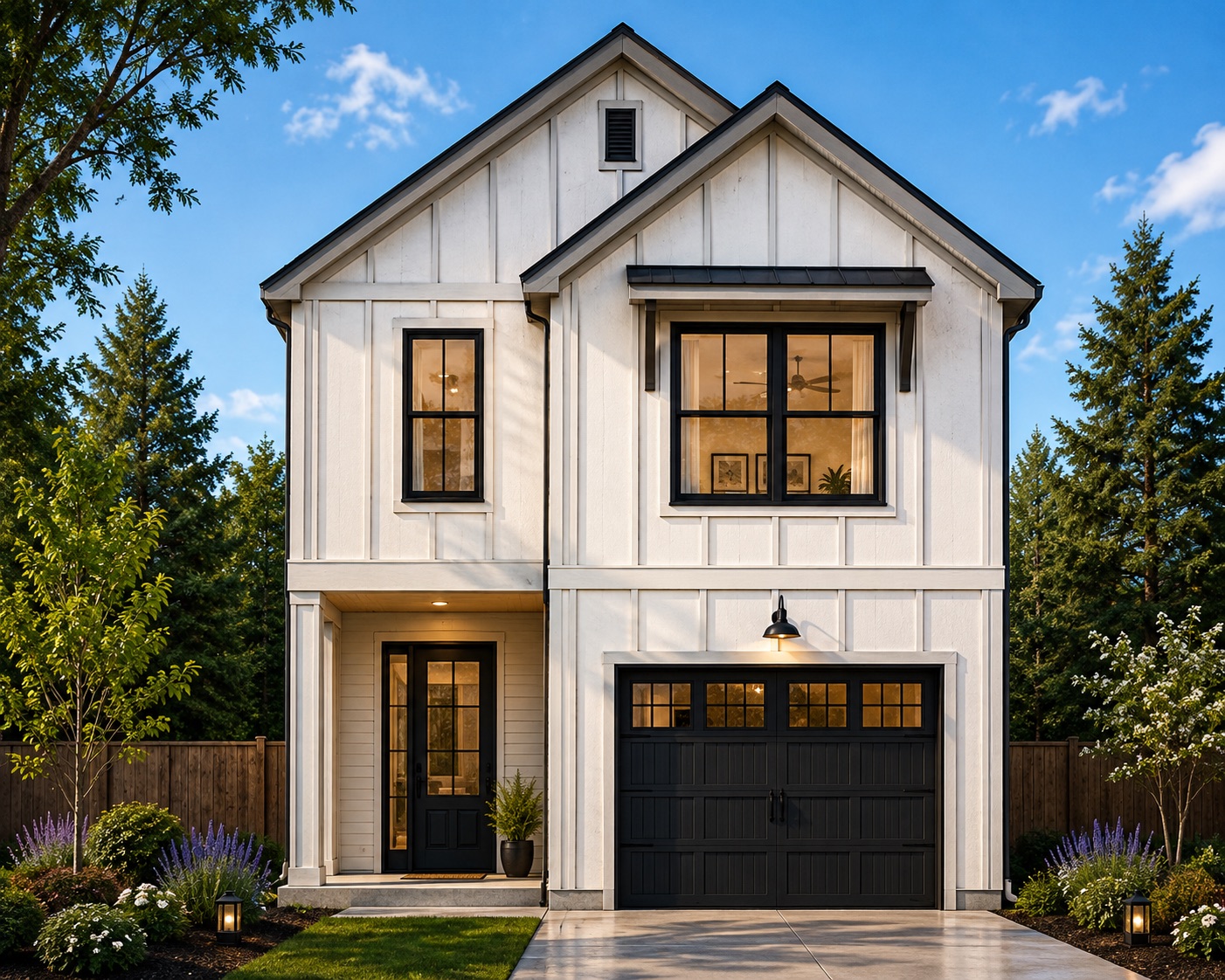 Palmetto plan, white board-and-batten two-story home with twin gables and a black garage door