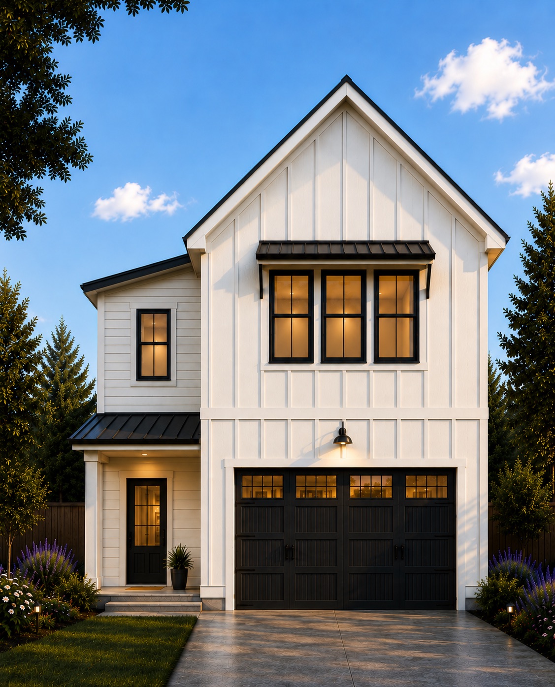 Pendleton plan, white board-and-batten two-story home with black windows and a black garage door