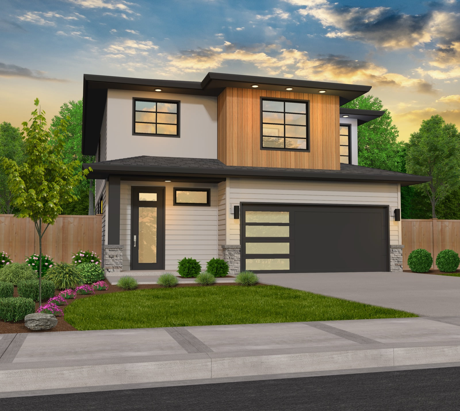 Contemporary craftsman home exterior with mixed siding, wood-grain metal accents, black-framed windows and a bold flat roofline